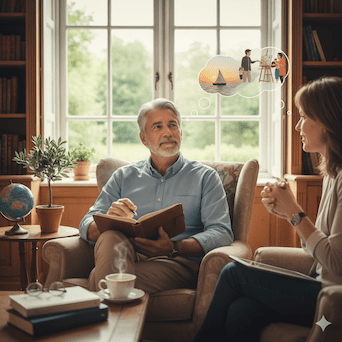 image d'un homme, avec une femme, qui pense aux activités qu'il fera, après une phase de coaching. Préparer sa retraite psychologiquement, en illustration